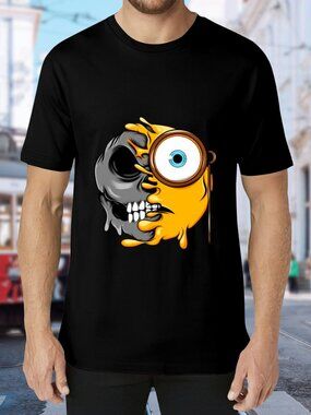 Black Short Sleeve Graphic T-Shirt with Yellow Skull-Minion Design